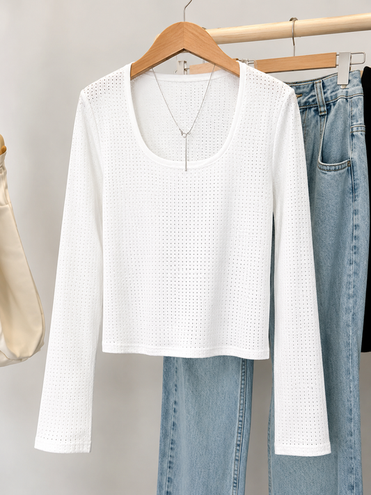 Shimmer & Pointelle Scoop Neck Long-Sleeve Top