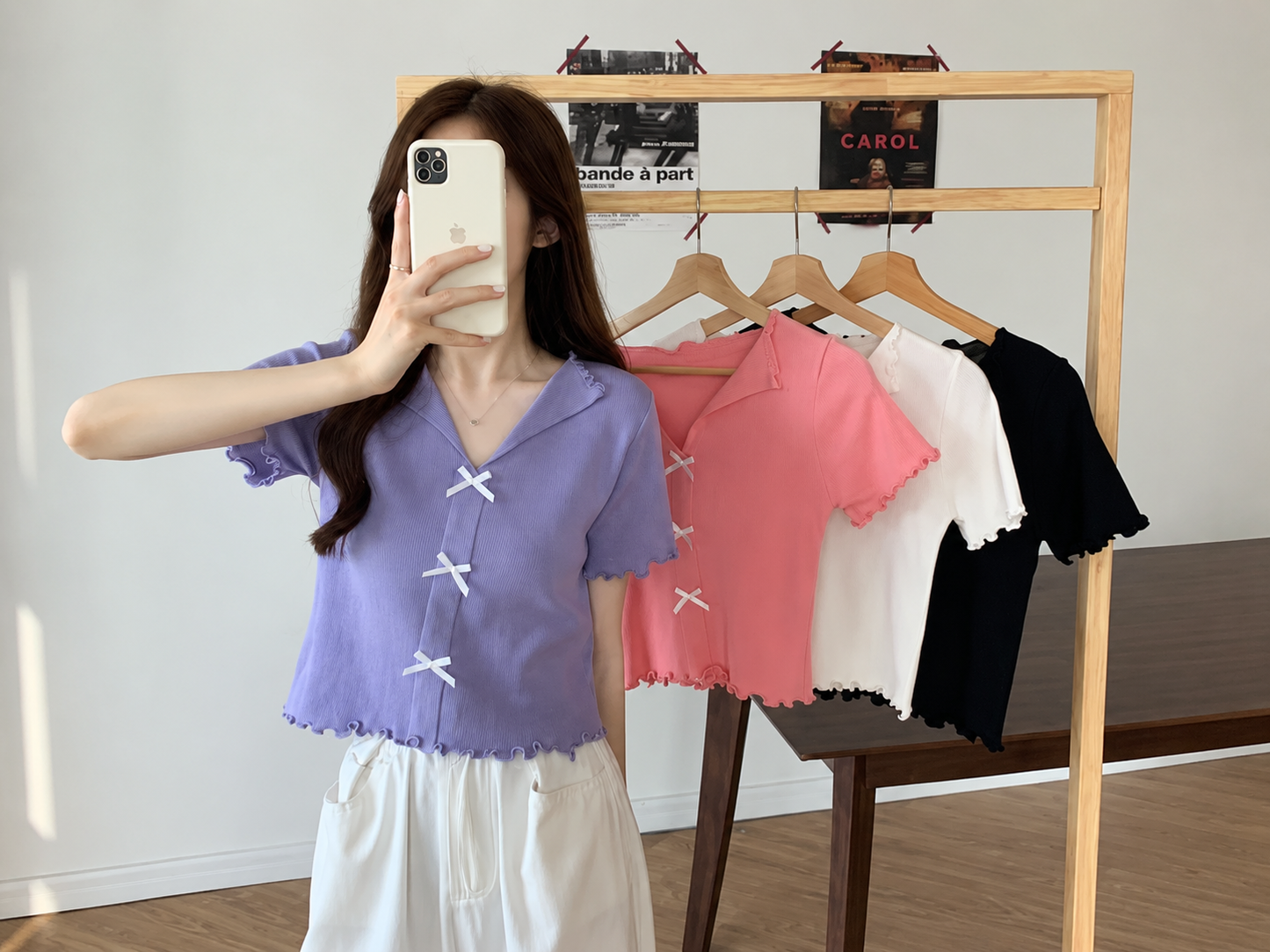 Ribbon Bow Knitted Short-Sleeve Top