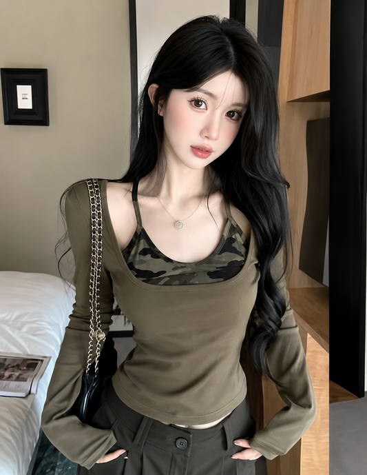 Two-Piece Camouflage Tank & Cutout Long-Sleeve Set