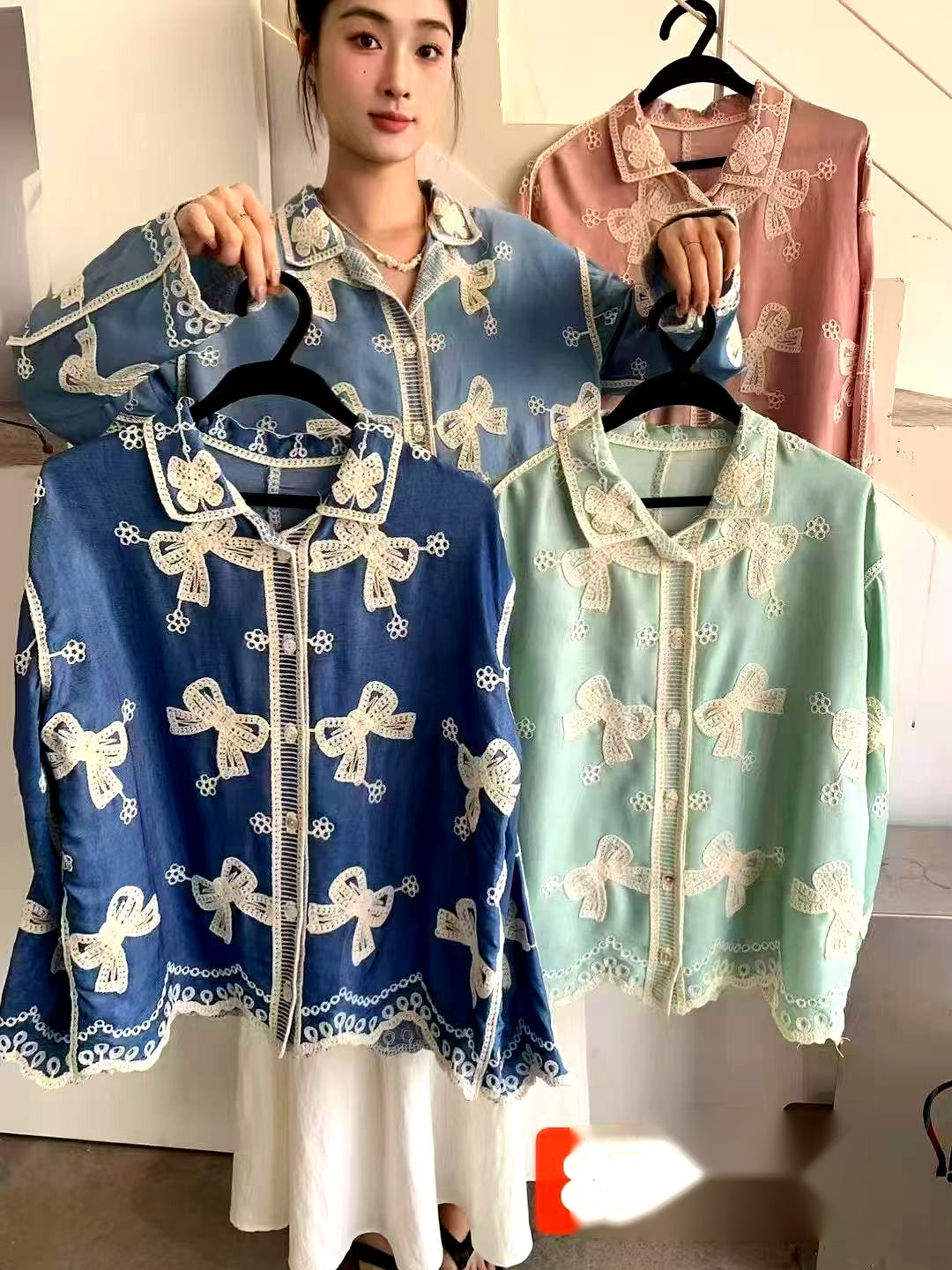 Premium Embroidered Bow Button-Down Shirt