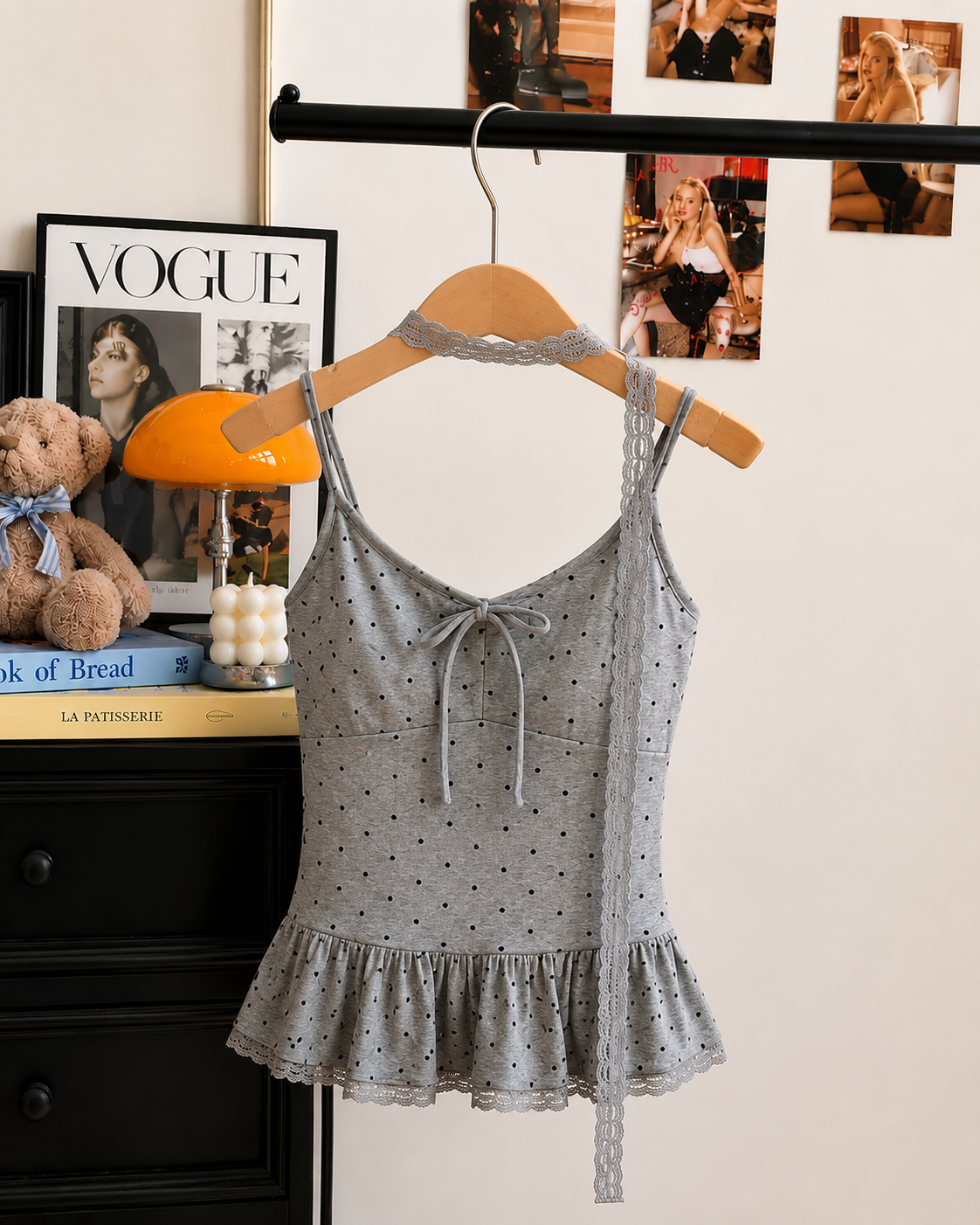 Polka Dot Lace-Trim Peplum Cami Padded Set with Choker