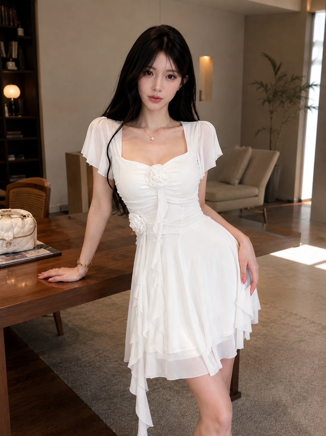 3D Rosette Flutter-Sleeve Powernet Mini Dress