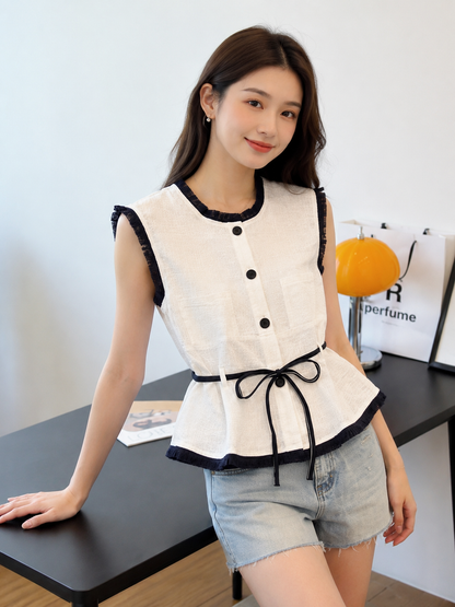 Contrast Fringed Belted Tweed Sleeveless Top