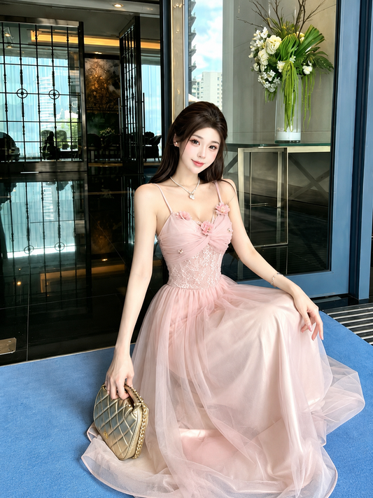 Floral Applique Mesh Layered Maxi Dress