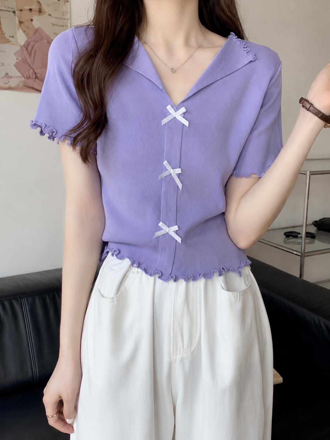 Ribbon Bow Knitted Short-Sleeve Top