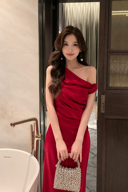 Asymmetrical Off-The-Shoulder Satin Maxi Dress