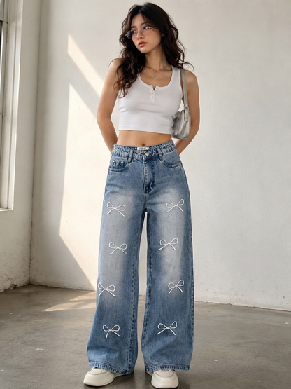 Embroidered Ribbon Bow Wide-Leg Jeans