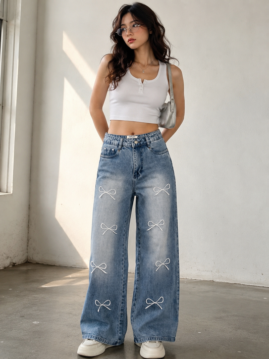Embroidered Ribbon Bow Wide-Leg Jeans