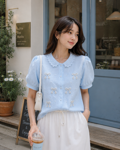 Pearl Bow Peter Pan Collar Puff Sleeve Shirt