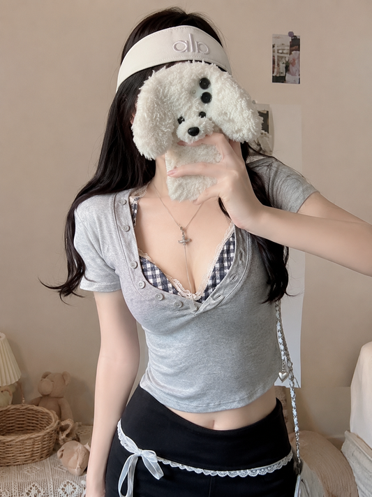 Y2K Layered Gingham Henley Crop Top Set