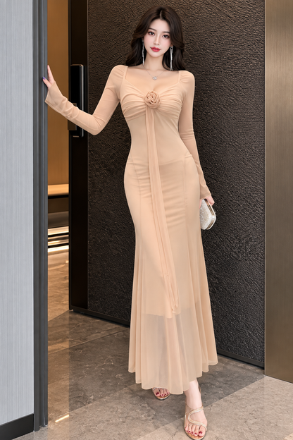 3D Rosette Long-Sleeve Sheer Mermaid Maxi Gown