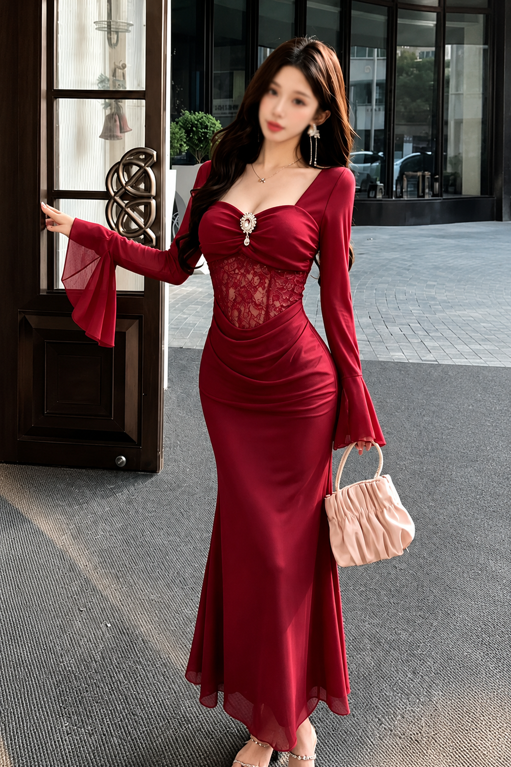 Jeweled Brooch Mermaid Maxi Dress with Bell Sleeves