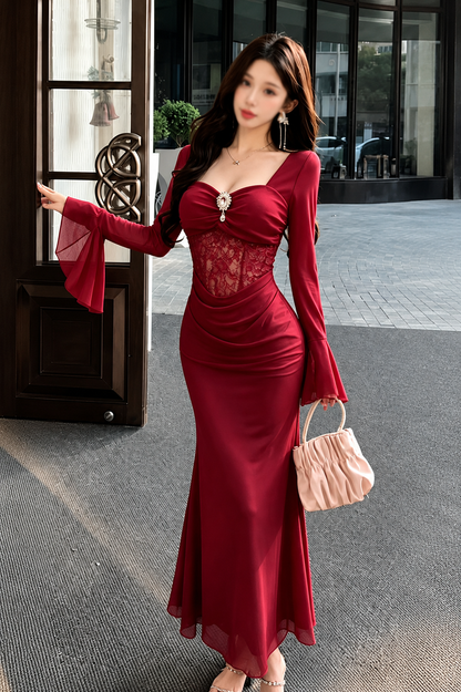 Jeweled Brooch Mermaid Maxi Dress with Bell Sleeves