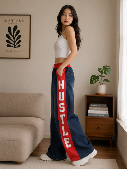 Color-Blocked "HUSTLE" Elastic Waist Wide-Leg Jeans