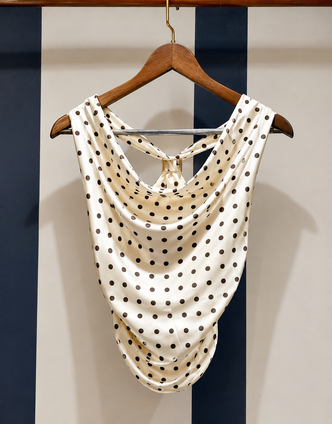 Polka Dot Cowl-Neck Ruched Top