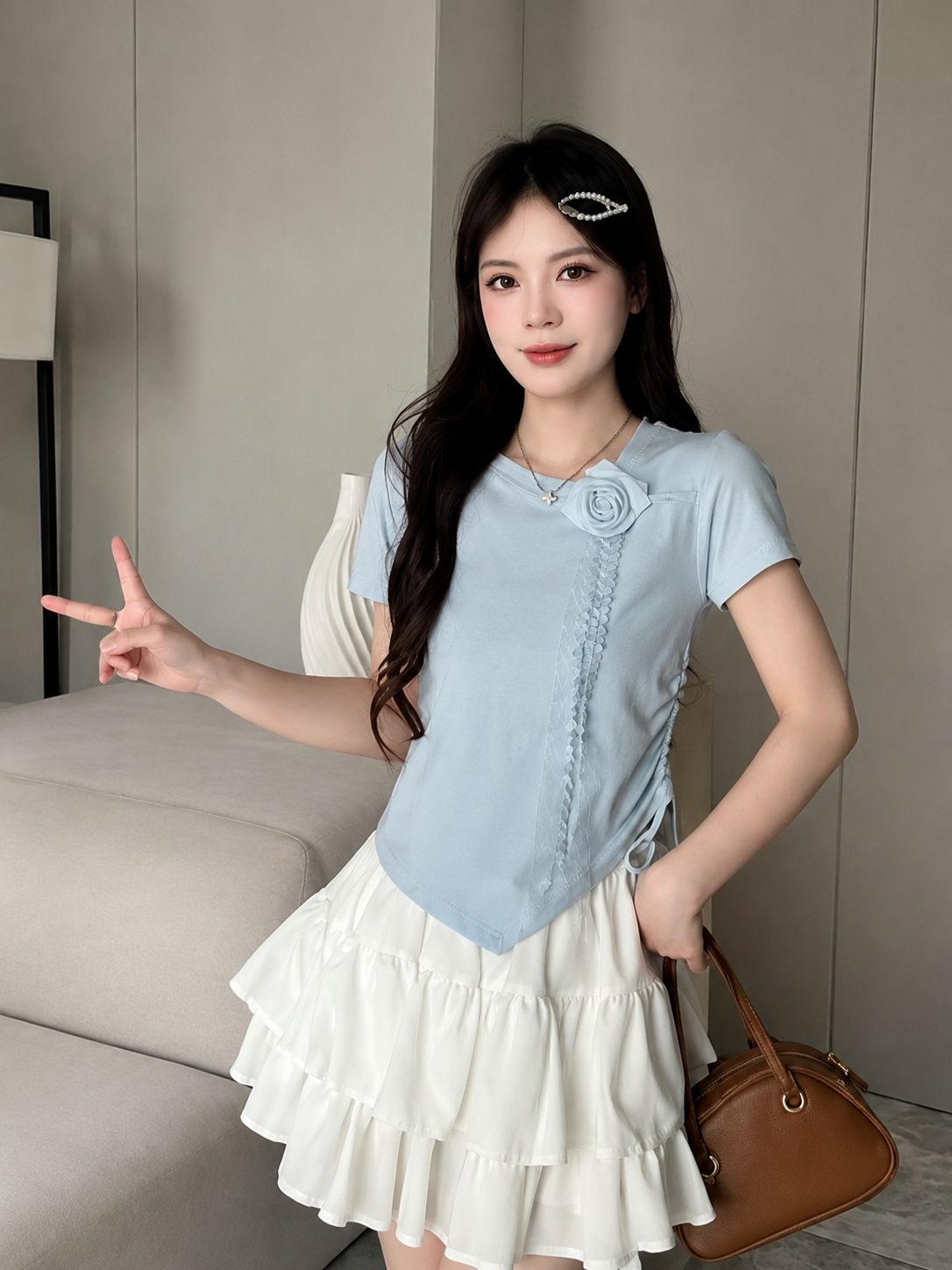 3D Rosette Ruched Side Asymmetric Top