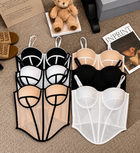 Contrast Binding Sheer Mesh Corset Top