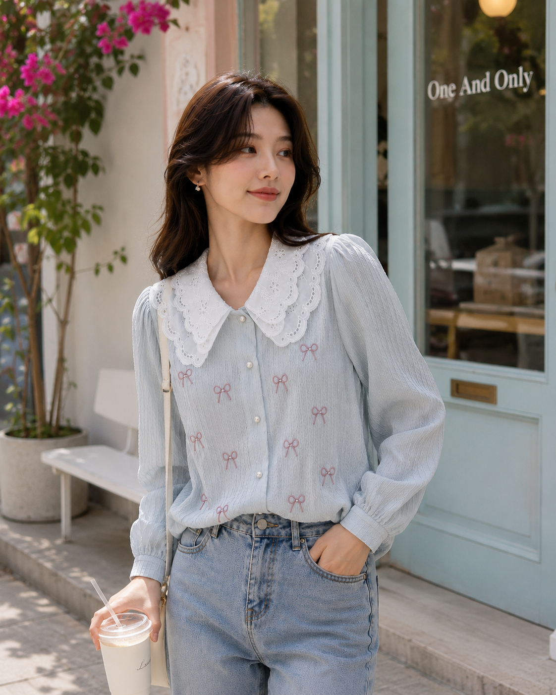 Embroidered Bow Eyelet Peter Pan Collar Shirt