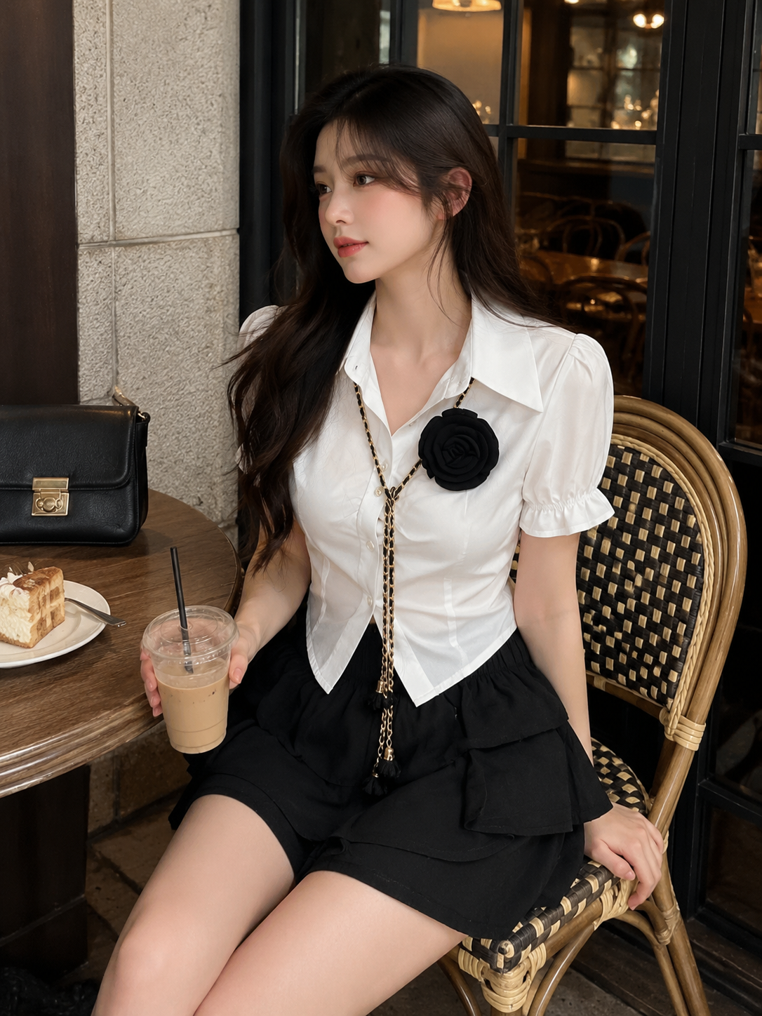 3D Rosette Chain Accent Shirt and Tiered Ruffle Skort Set