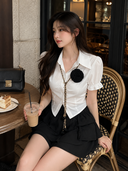 3D Rosette Chain Accent Shirt and Tiered Ruffle Skort Set
