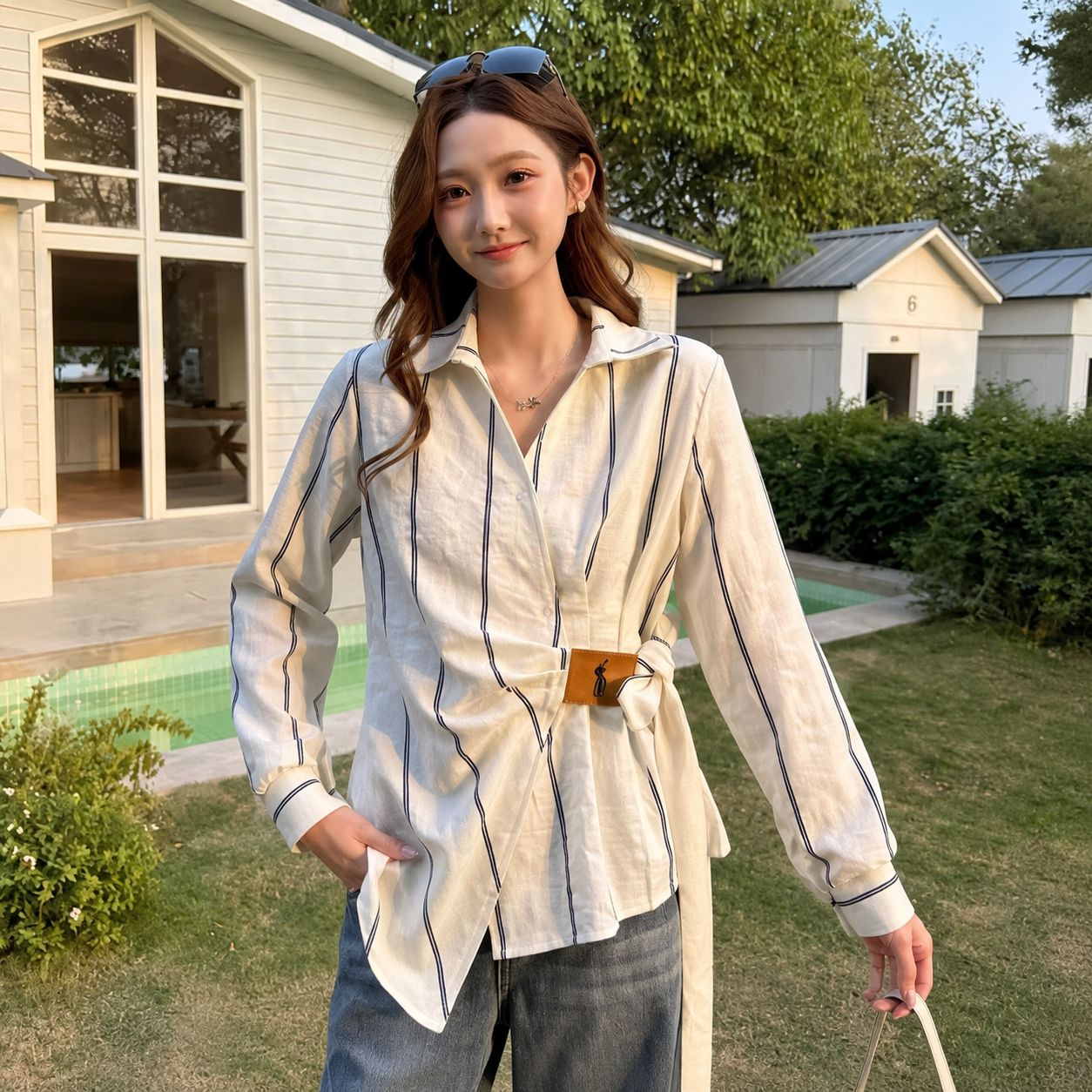 Striped Side-Tie Asymmetric Cotton Shirt