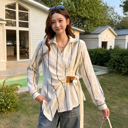 Striped Side-Tie Asymmetric Cotton Shirt