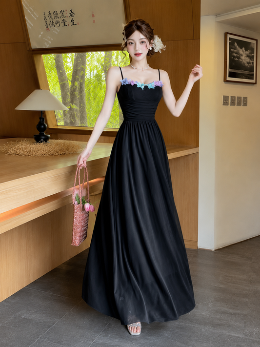 Butterfly Trim Layered Net Maxi Dress