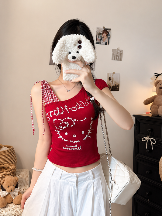 Y2K Layered Asymmetric Cartoon Graphic Padded Tee
