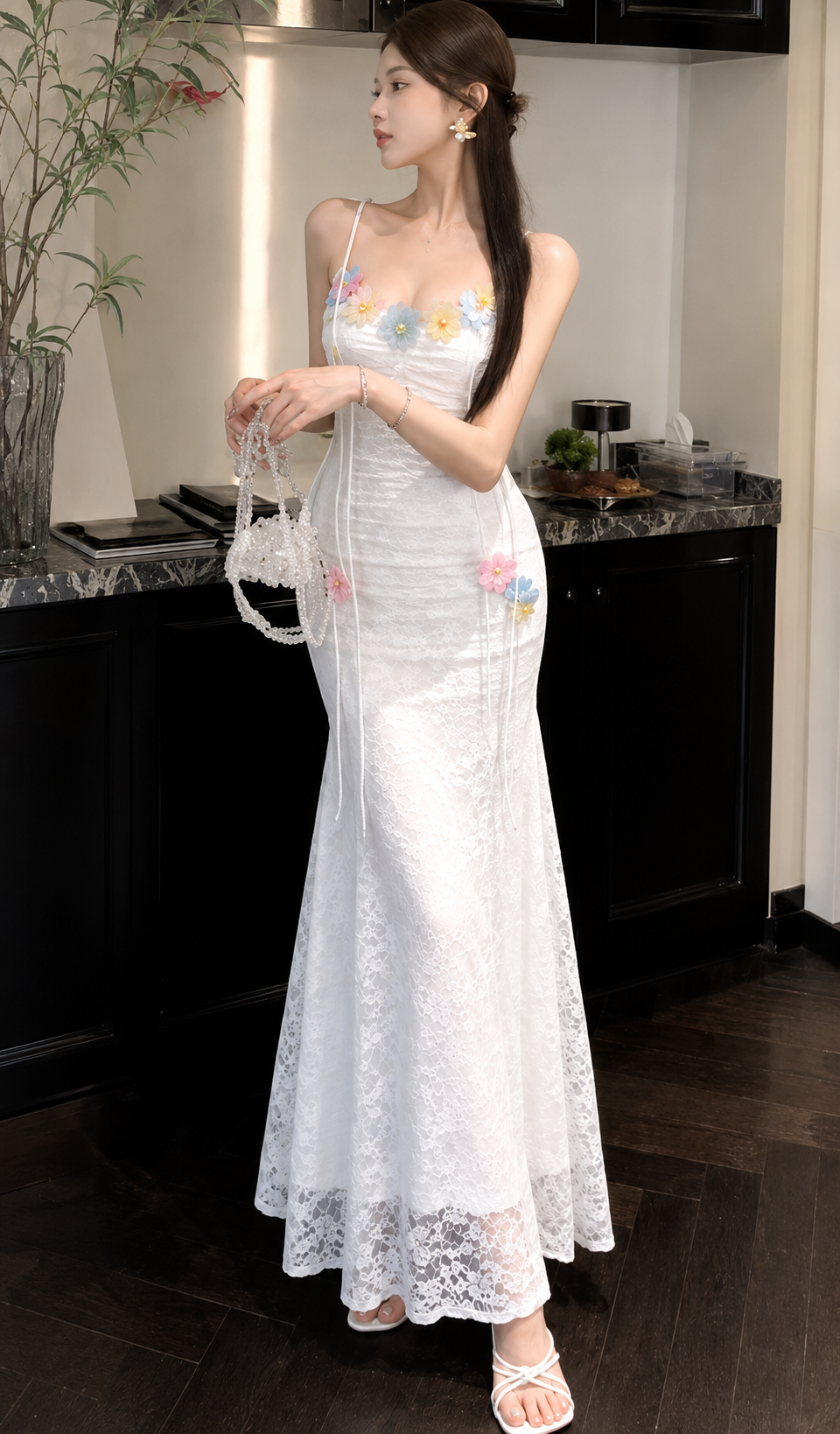 3D Floral Applique All-Over Lace Mermaid Maxi Dress