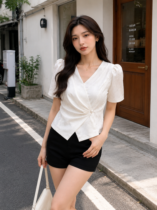 Short-Sleeve Jacquard Wrap Style Top with Pearl Accent