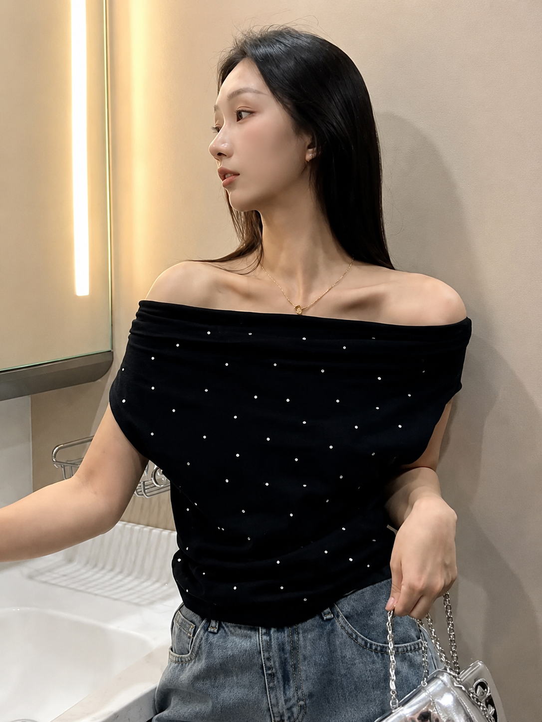 Rhinestone Off-Shoulder Draped Knit Top