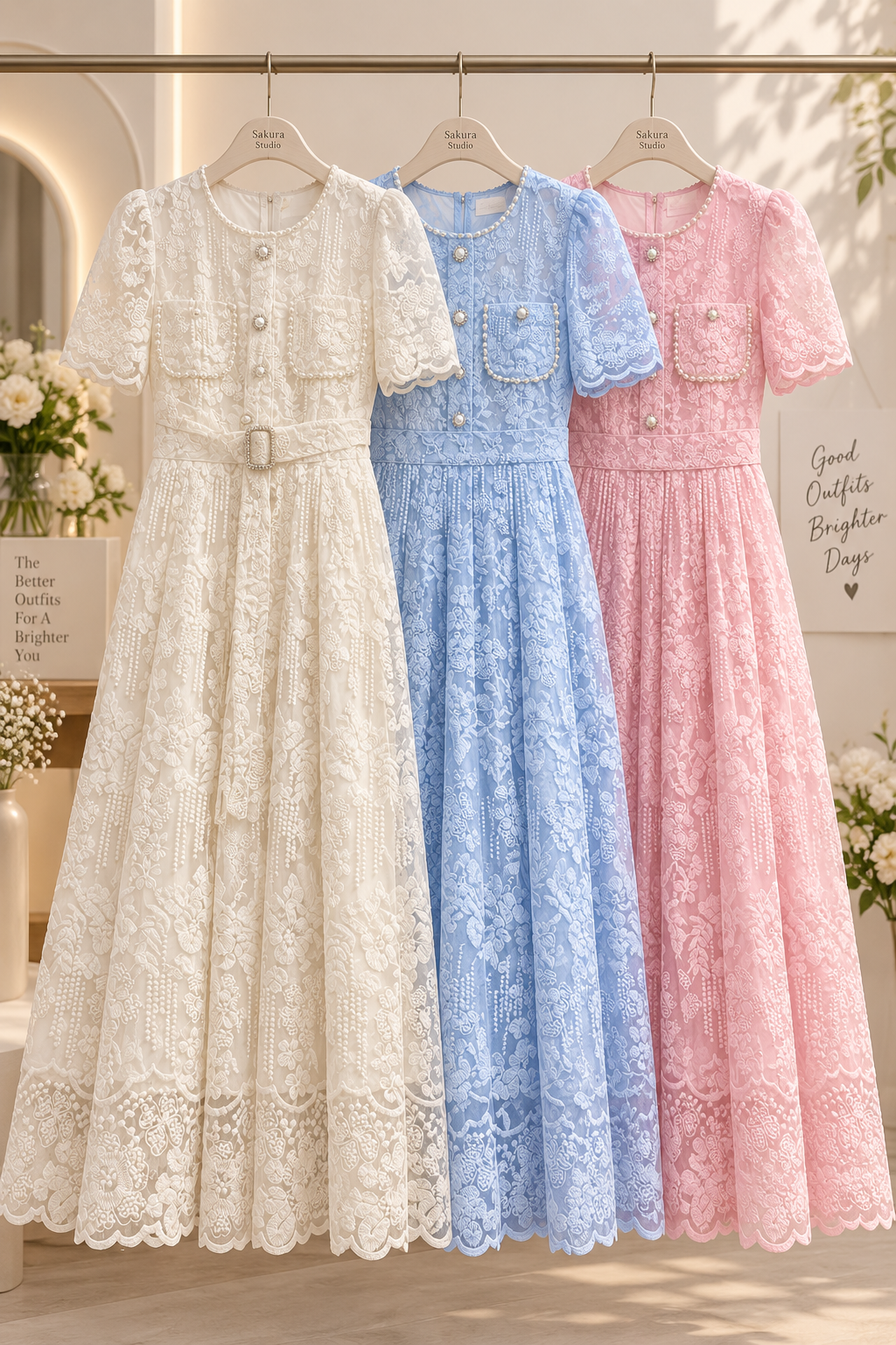 Pearl-Embellished Belted Floral Lace Shirt Maxi Dress