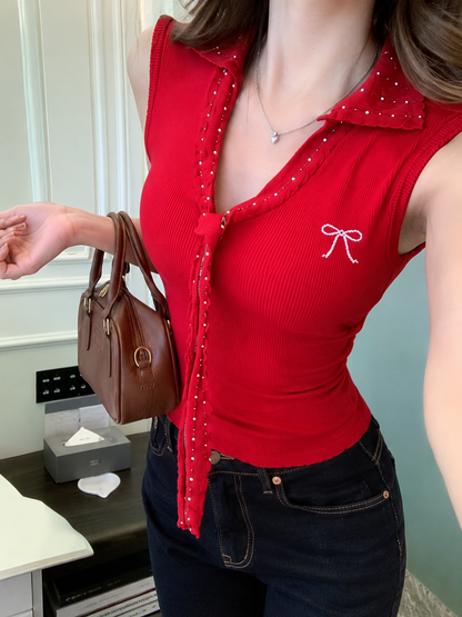 Polka Dot Scalloped Polo Sleeveless Padded Top