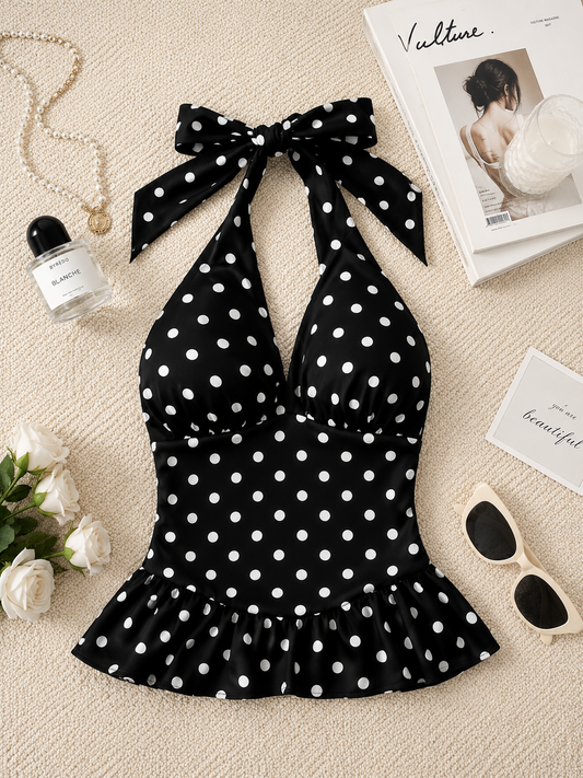 Retro Polka Dot Plunging Halter Peplum Top