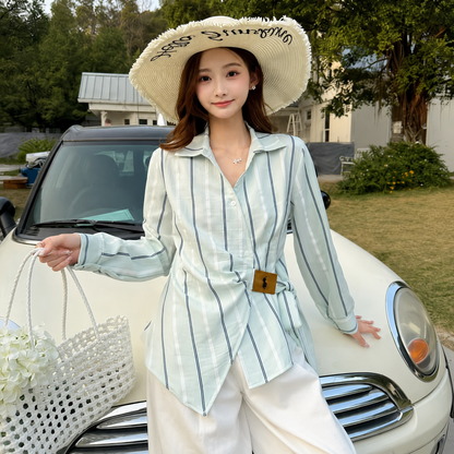 Striped Side-Tie Asymmetric Cotton Shirt