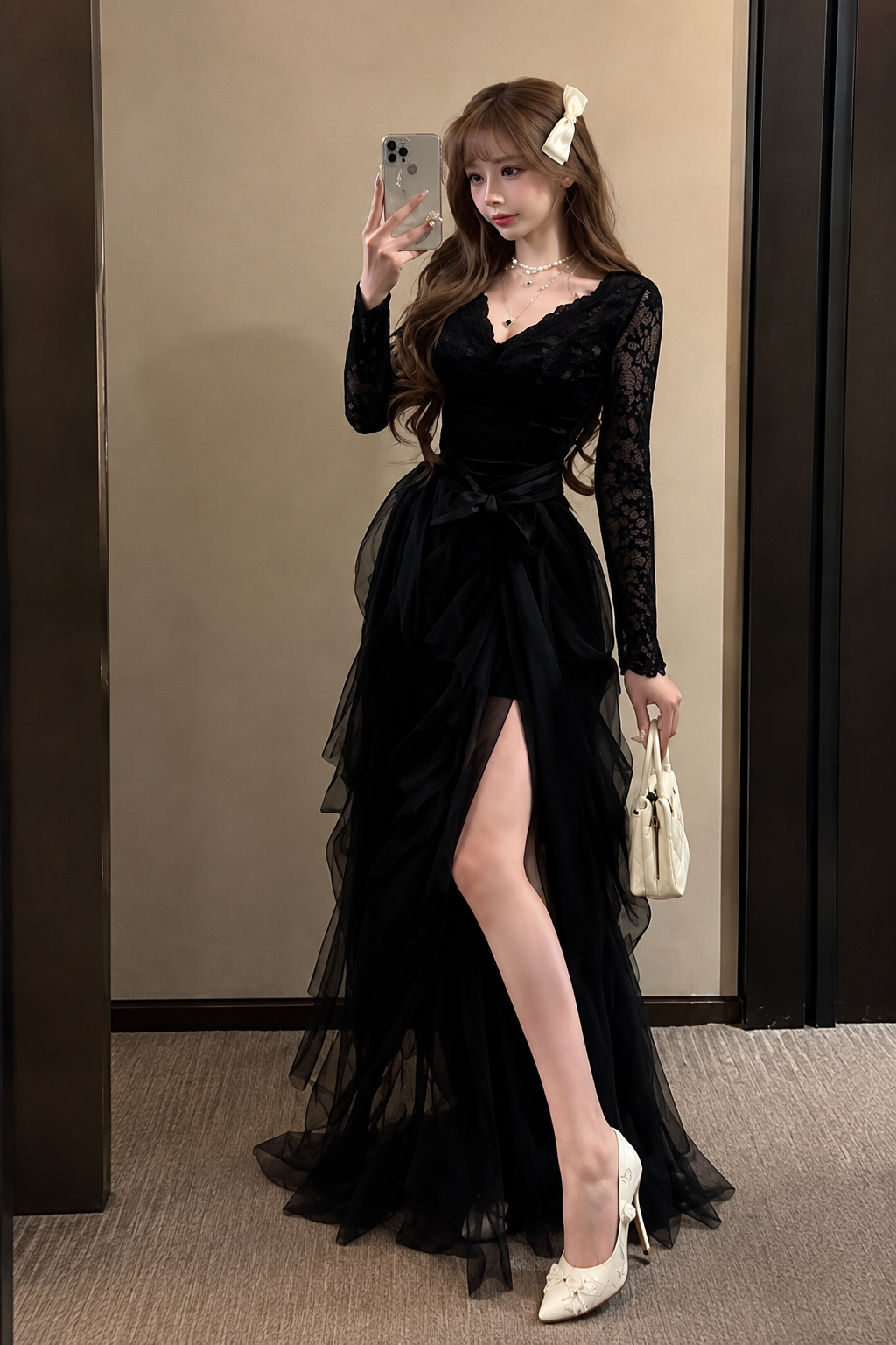 High-Low Tiered Tulle & Floral Lace Evening Gown with Train