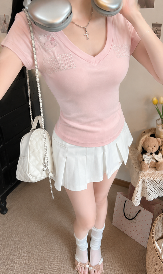 Embroidered V-Neck Padded Tee