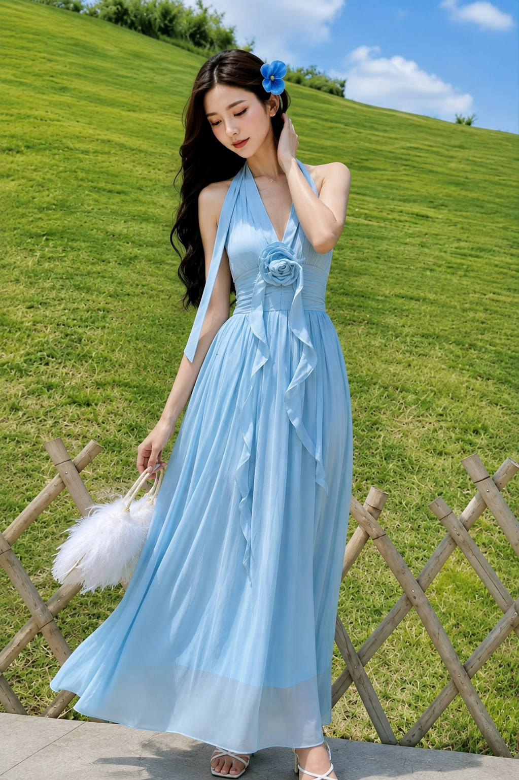 3D Rosette Halter Pleated Cotton Maxi Dress
