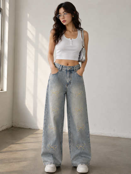 Embroidered Ribbon Bow Wide-Leg Jeans