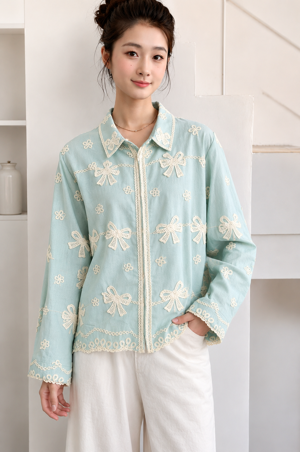 Premium Embroidered Bow Button-Down Shirt