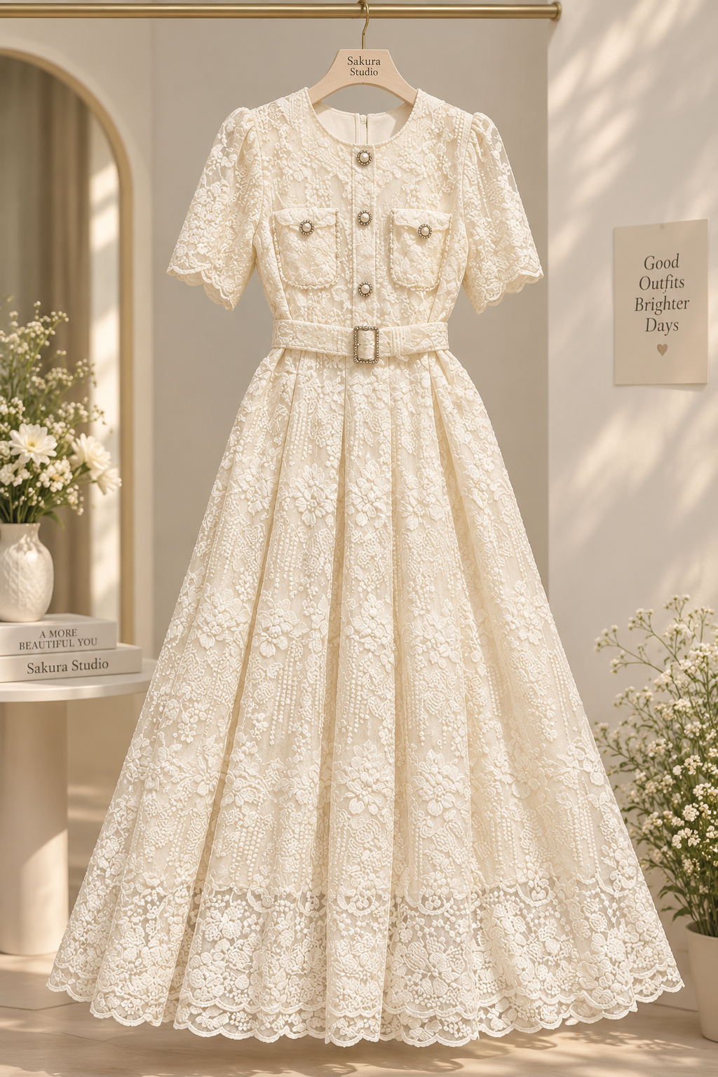 Pearl-Embellished Belted Floral Lace Shirt Maxi Dress