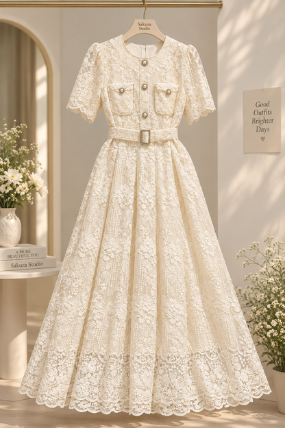 Pearl-Embellished Belted Floral Lace Shirt Maxi Dress