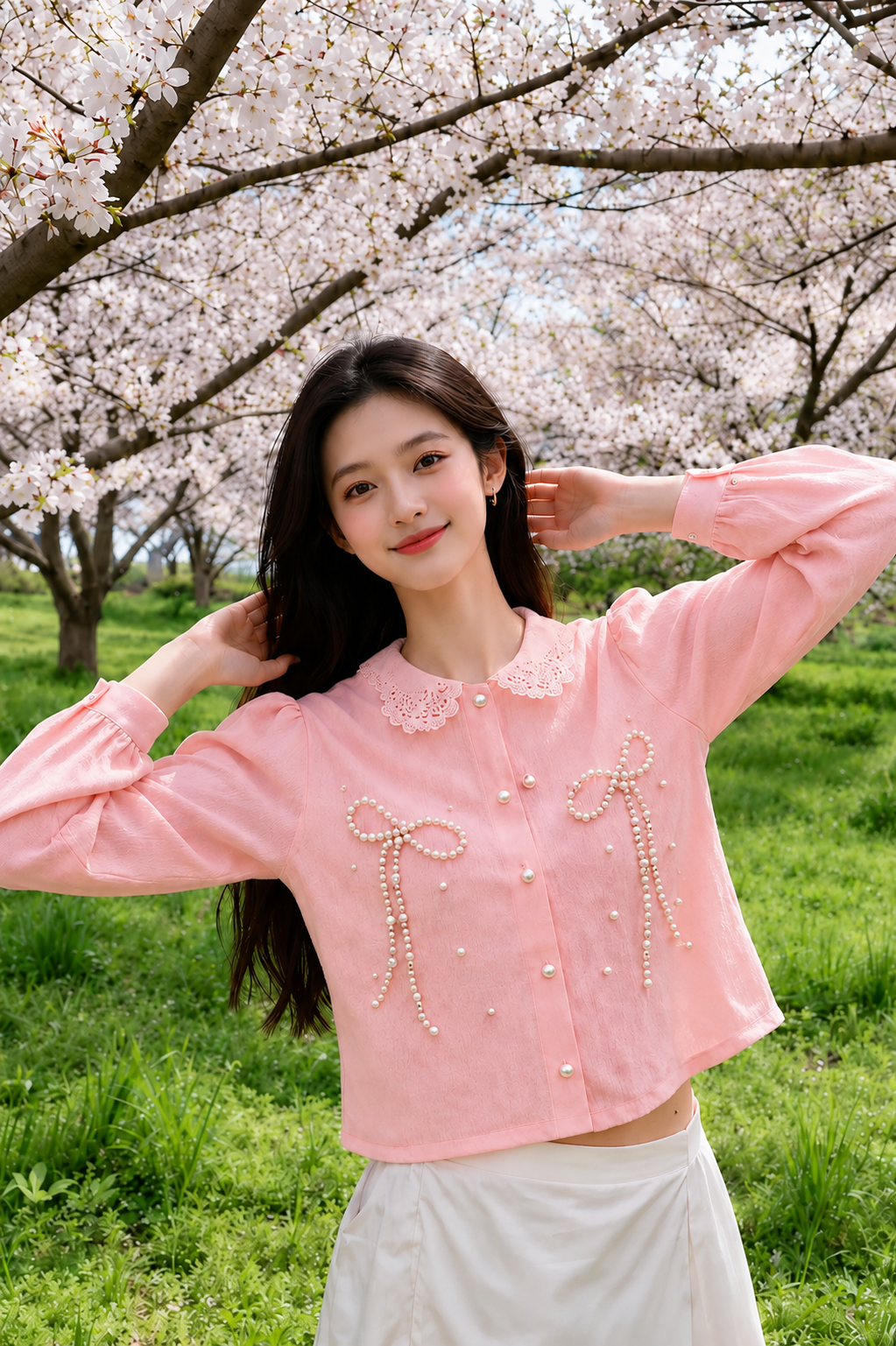 Pearl Bow Embroidered Lace-Collar Shirt