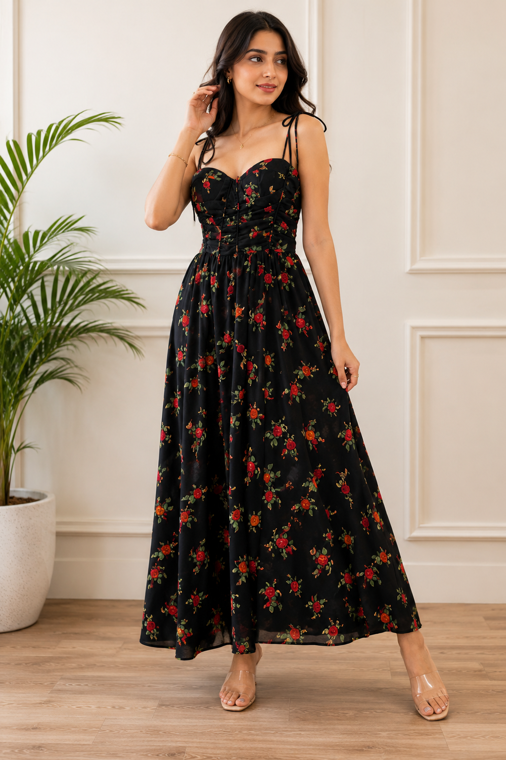 Floral Corset Bustier Tie-Shoulder Maxi Dress