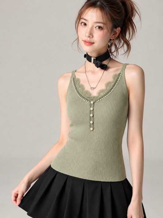 Pearl-Trimmed Lace Henley Ribbed Cami Top