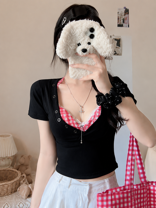 Y2K Layered Gingham Henley Crop Top Set