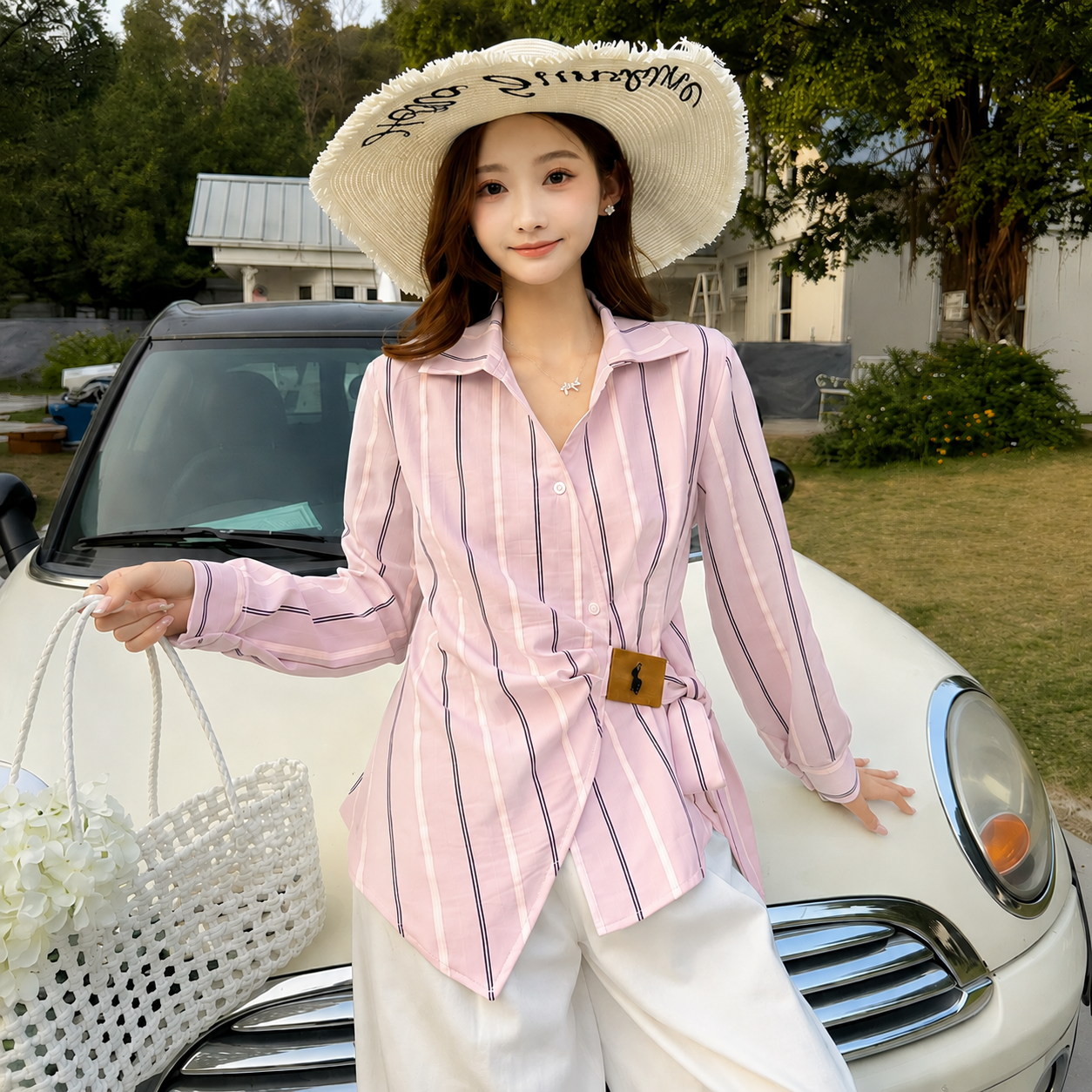 Striped Side-Tie Asymmetric Cotton Shirt