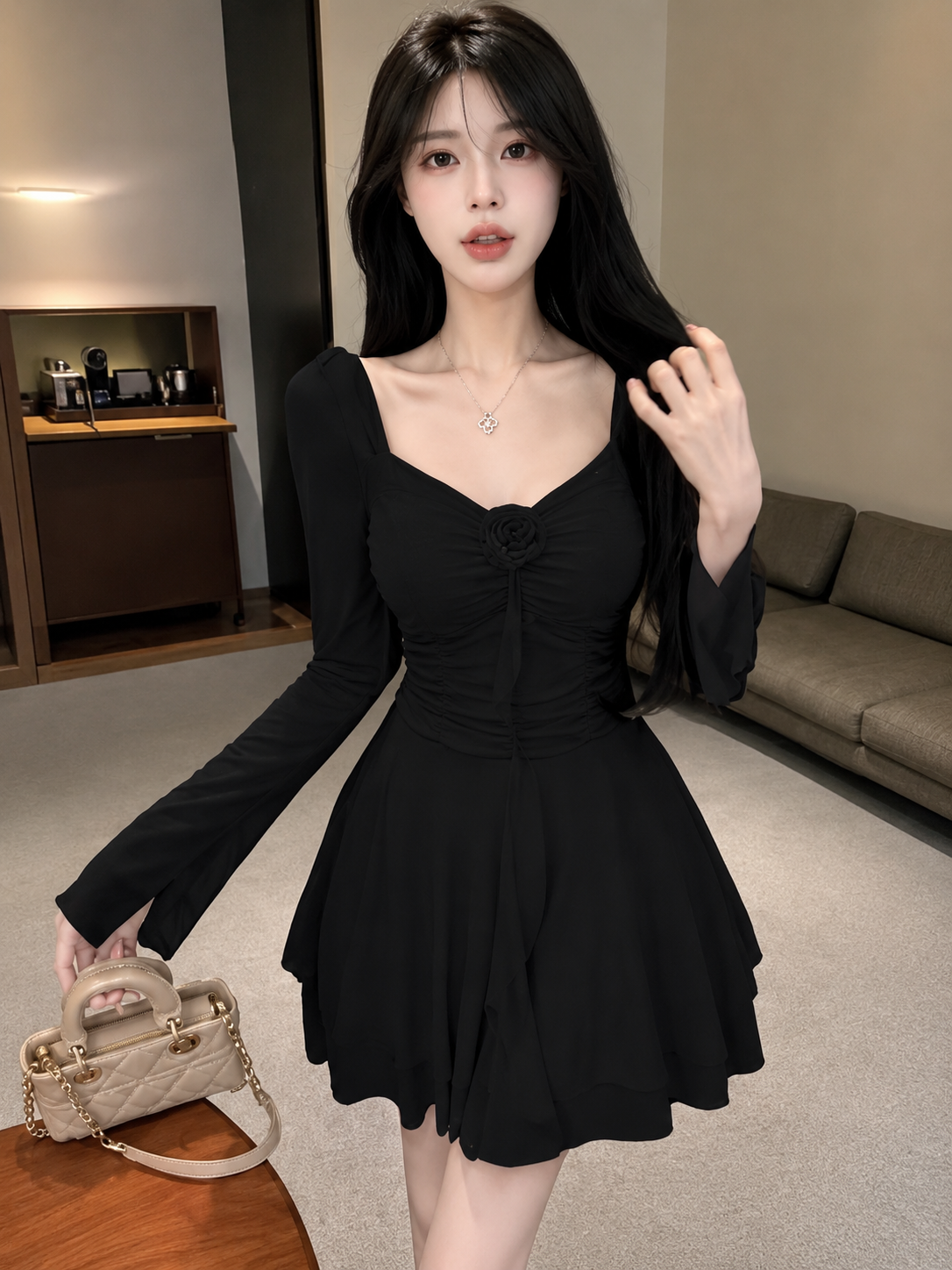 3D Rosette Ruched Chiffon Skater Mini Dress