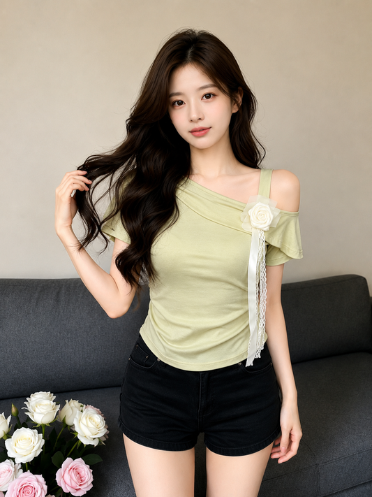 Floral Ribbon Accent Asymmetrical Off-Shoulder Tee