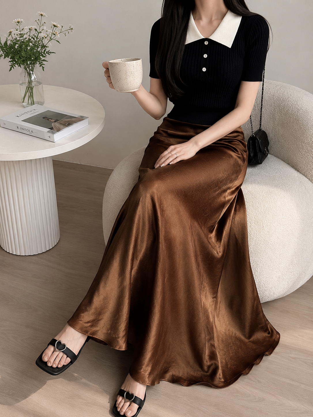 High-Waist Satin A-Line Maxi Slip Skirt